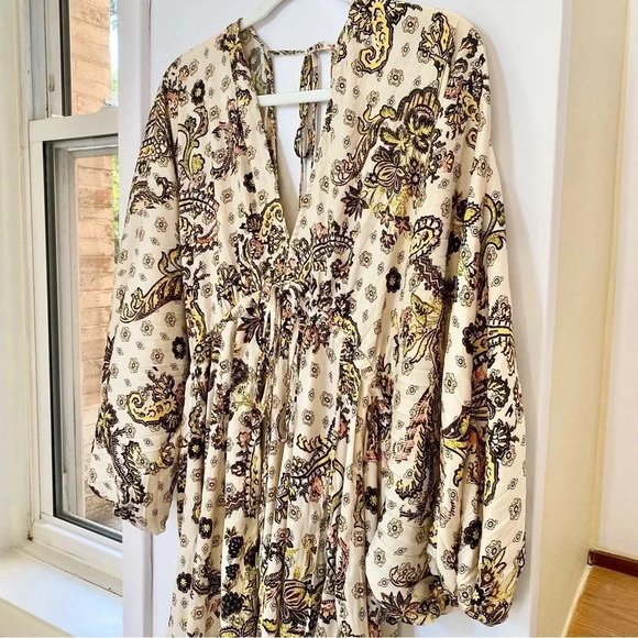 New Free People Arzel Mini Dress Long Sleeve Printed Tunic in Tea Combo XS - Picture 8 of 16